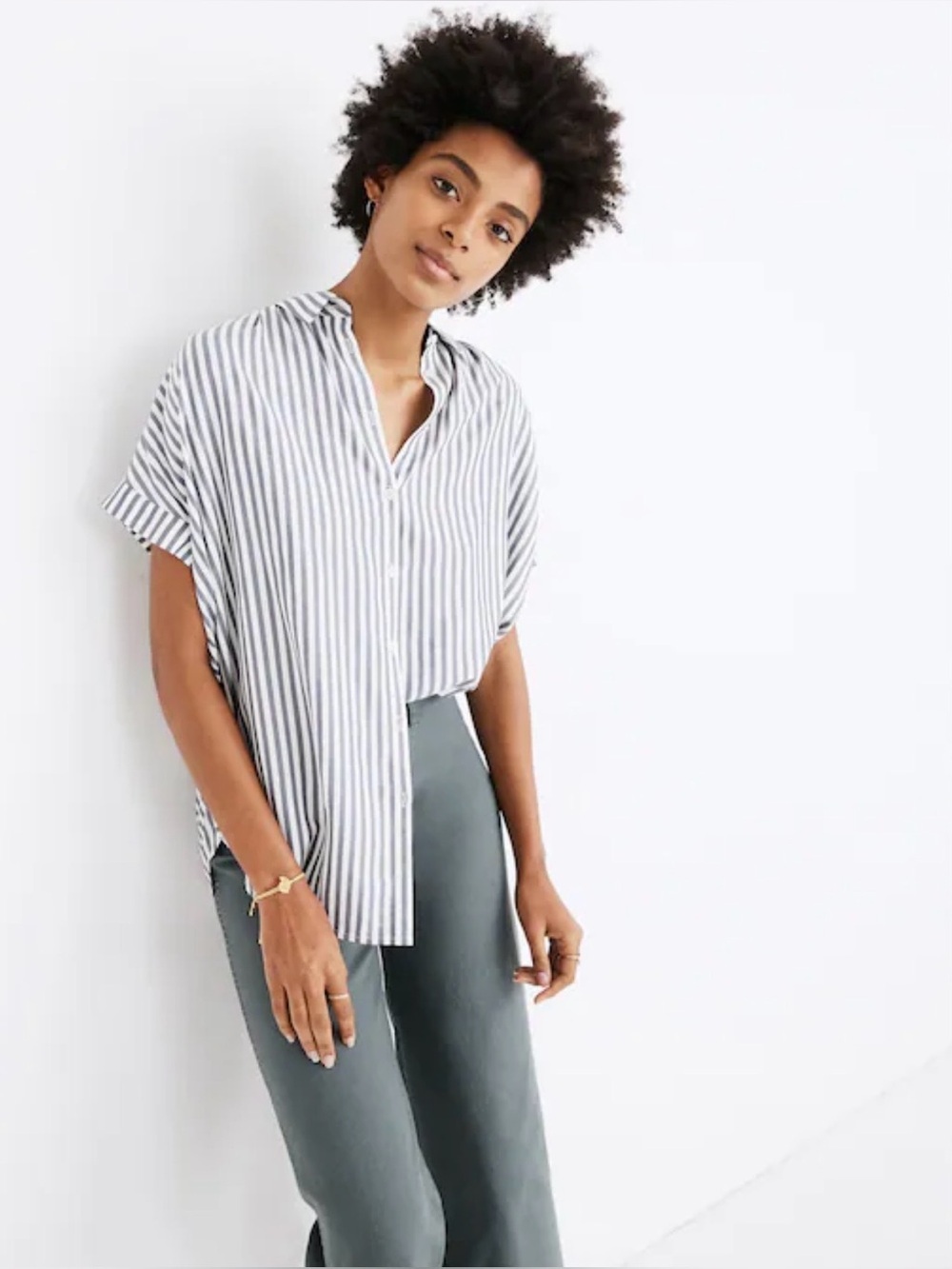 MADEWELL- Gray & White Vertical Stripe Short-Sleeve Button-Down